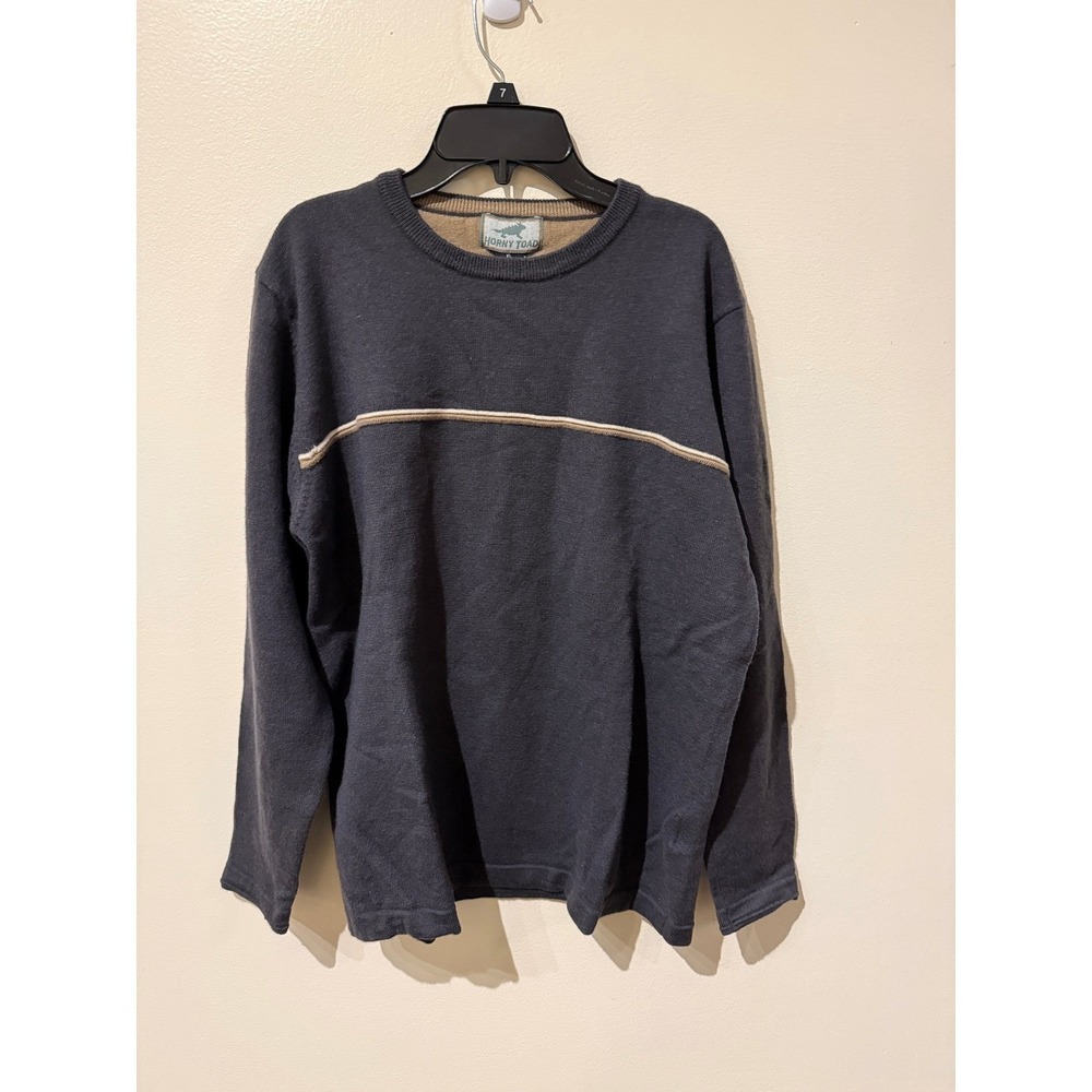 Horny Toad Mens XL Merino‎ Wool Sweater Gray Striped Crew Neck Long Sleeve Knit
